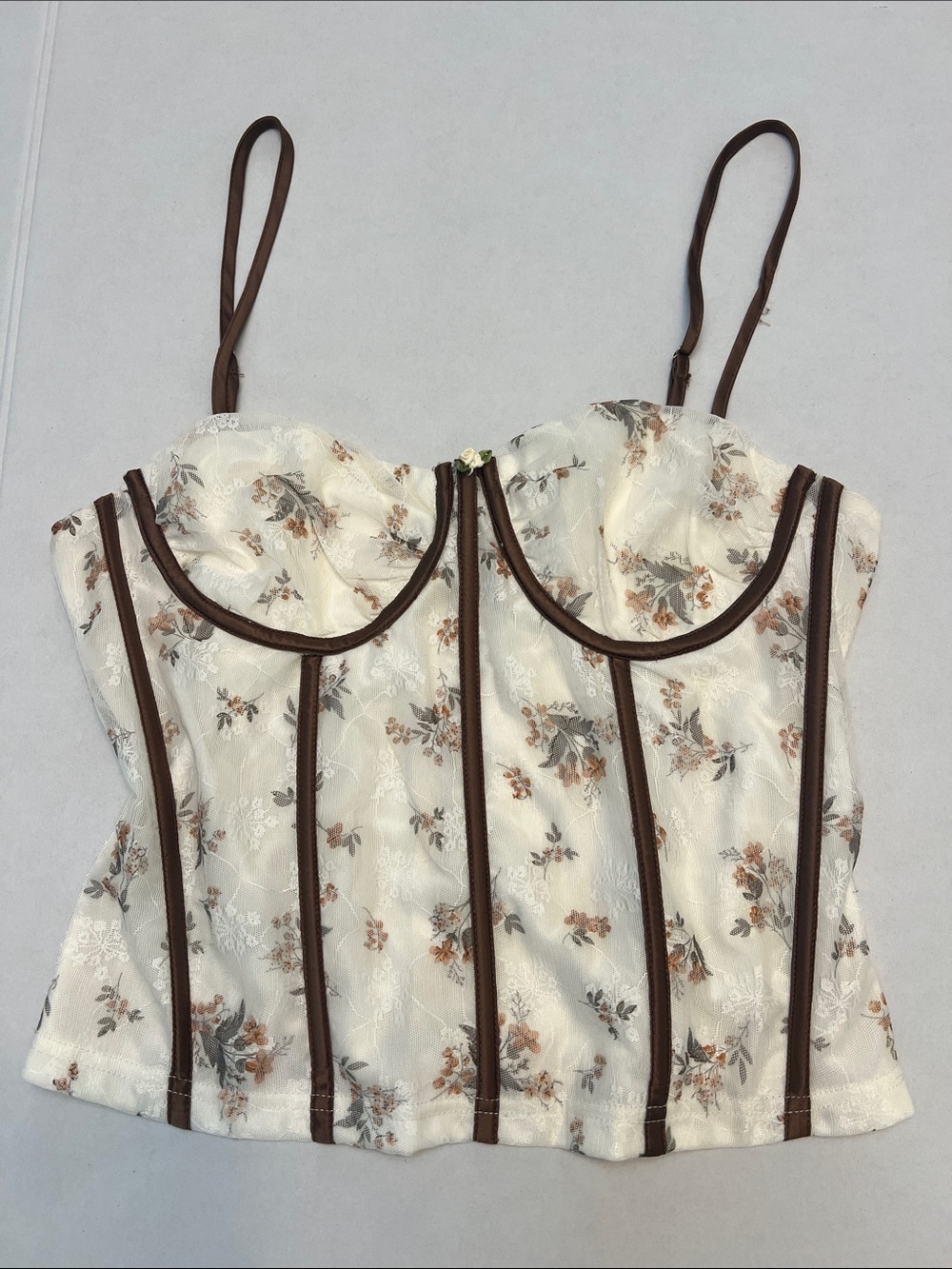 PRETTY GARBAGE CREAM BROWN FLORAL BUSTIER CORSET TOP SIZE XL